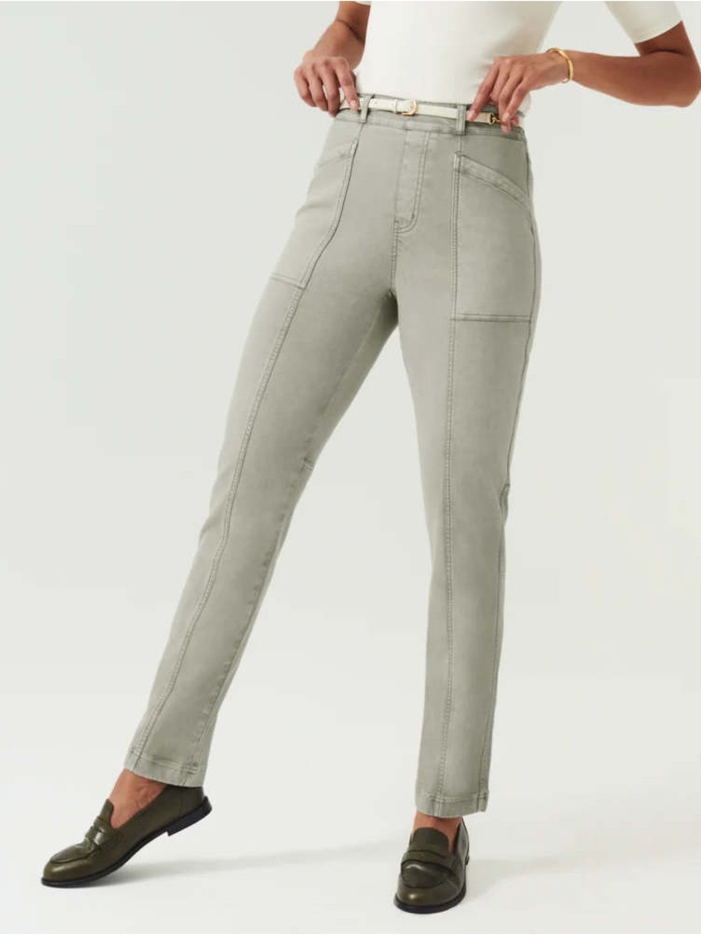 Spanx Stretch Twill Straight Leg Pants Olive Green Grey